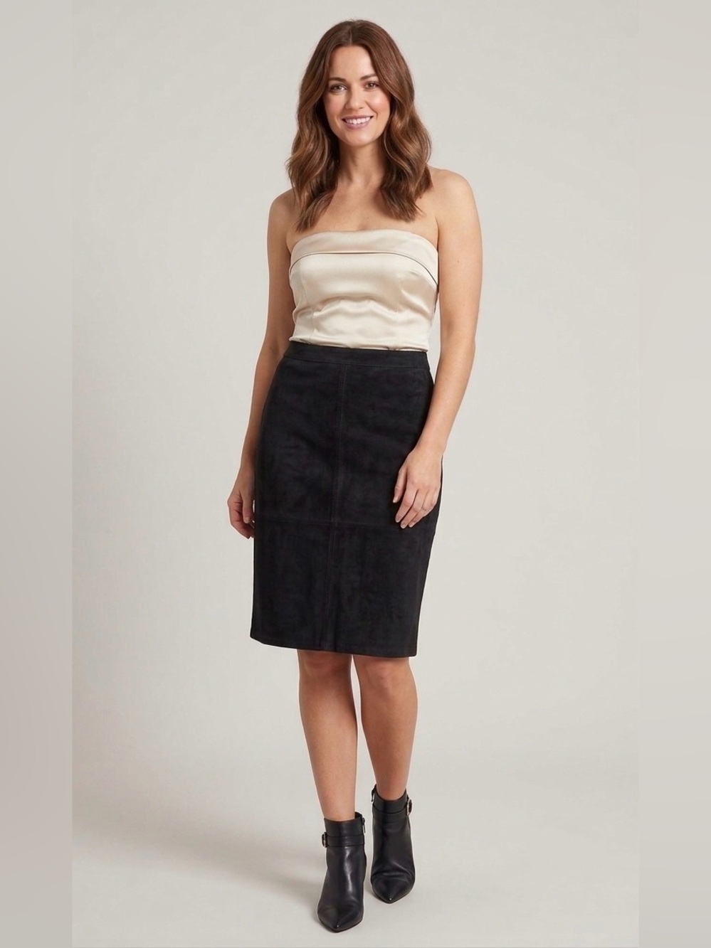 ESSENTIALS SIONI Vegan Suede Stretchy A-Line Skirt with Side Zip